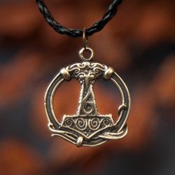 Mjolnir pendant Thor Hammer in circle on black leather cord. Viking necklace. Scandinavian pagan jewelry. Handmade art