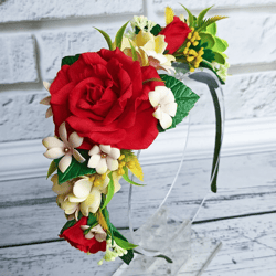 red roses floral headband for girls, red and ivory flower crown