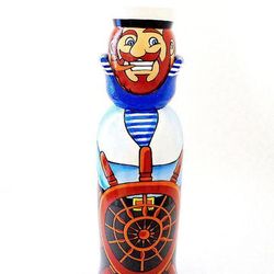 Sailor wooden bottle case figure - vintage ship captain Russian bottle case art painted