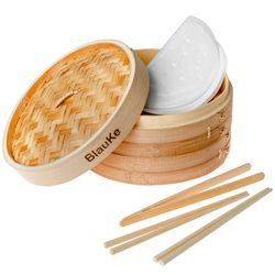 blauke 2-tier bamboo steamer for cooking - bamboo steamer basket 10 inch with 2 pairs chopsticks, tongs and 50 liners