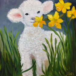 White lamb painting Original art Yellow daffodils art Animal painting Lamb wall decor Oil painting on canvas Lamb art