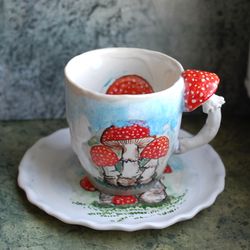 Mushrooms Teacup And Saucer Set ,Alice in Wonderland ,Surprise mug Handmade Fabulous coffee cup porcelain hand painted