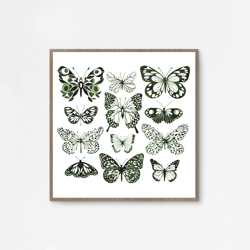 Watercolor illustration "Green Butterflies", botanical poster, DIGITL PRINT
