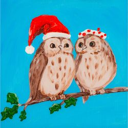 Two Owls original acrylic painting Cute Birds artwork miniature animal wall art bird painting nursery wall decor