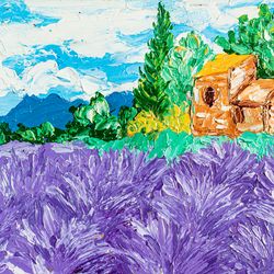 Tuscany Lavender field original oil painting small Tuscany artwork Italian landscape countryside house impasto wall art