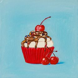 Cherry Cupcake original oil painting Fruit Pastry dessert painting kitchen square miniature patisserie wall art