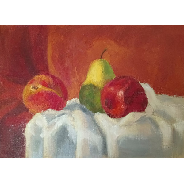 "Peach, pear and pomegranate" fruit oil painting still life original wall art picture small