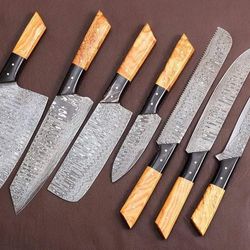 damascus chef set of 7 pieces ,custom handmade chef set , handmade damascus chef set ,personalized gift for mother ,