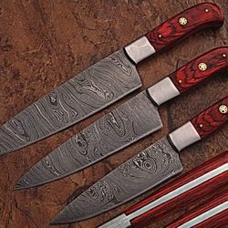 damascus chef set of 3 pieces ,custom handmade chef set , handmade damascus chef set ,personalized gift for mother ,