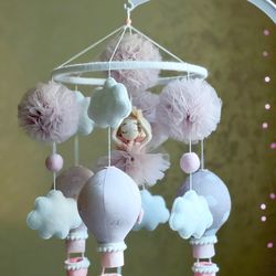Baby girl mobile ballerina Hot air balloon mobile crib Musical mobile pink