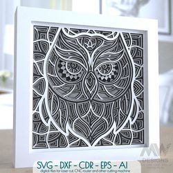 3D Owl Mandala Shadow Box Mandala SVG DXF - M158