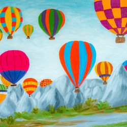 Cappadocia original oil painting on canvas Hot air balloons artwork mountain Turkey landscape wall art