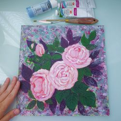 Roses Painting Floral Original Art Flowers Wall Art Pink Flower Acrylic Painting