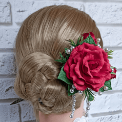 flower hair stick,  red roses hair pins