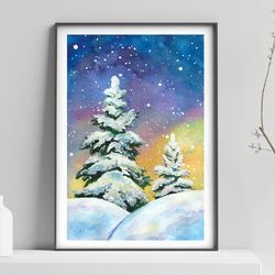 Small watercolor landscape, Original postcard, Winter trees painting