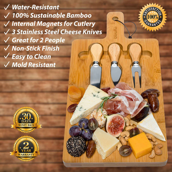 Bamboo Cheese Board and Knife Set 16x8_ - Charcuterie Board Set with Magnetic Cutlery Storage, Cheese Serving Platter, Wood Serving Tray with Handle - Birthday