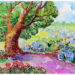 oak tree painting bluebonnets original art bluebonnets landscape original painting hill country spring watercolor