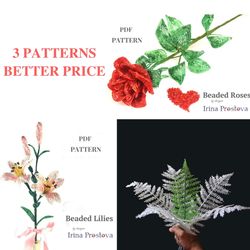 beaded rose,  fern and and lilies | french beaded flowers pattern | seed bead patterns | beading tutorial