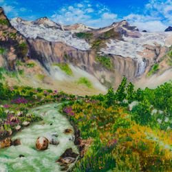 Alps original oil painting on canvas Swiss landscape mountain valley painting alpine wall art Switzerland artwork