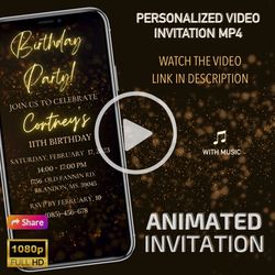 Sparkle animated invitation, Glitter Birthday Video invitation, Personalized Gold neon Party Invitation