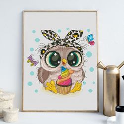 Owl cross stitch, Cross stitch pattern PDF, Cute cross stitch, Kitchen cross stitch, Cake cross stitch
