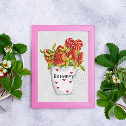 Strawberries in a mug,  Cross stitch pattern, Counted cross stitch, Summer cross stitch