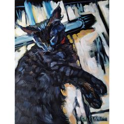 Cat painting on canvas Animal Original Art 12 by 9 inches Black Cat Artwork fine art oil painting by Natalia Plotnikova