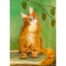 Kitten Painting Original Painting Animal Oil Artwork Red Kitten Art Funny Kitten Art Little Cat Oil Painting original