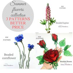 beaded lupine, rose, cornflower | french beaded flowers pattern | seed bead patterns | beading tutorial