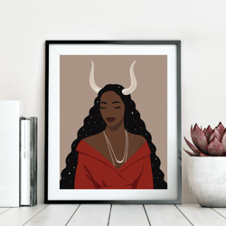 Black woman Taurus art, zodiac art, black girl art, printable poster, black women art, astrology, boho wall art