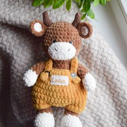 Custom crochet little bull personalized plush toy, brown bull in overalls for kids