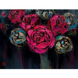 Rose Painting Peony Original Art Floral Flower Painting On Canvas Art Boho Painting Impasto 12" x 16" By Colibri Art