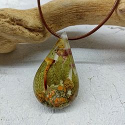 Resin necklace with fern, lichen, pinecones and a mushroom. Terrarium necklace OOAK