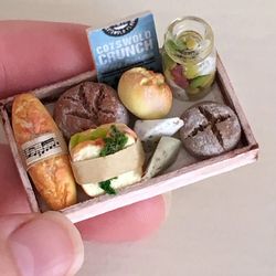Doll miniature set of bread and cheese and sandwich dollhouse, scale 1:12, miniature bake