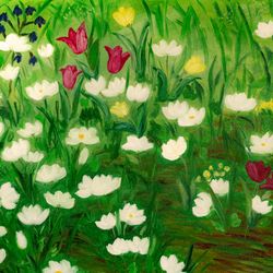 Spring Flowers original oil painting on canvas garden artwork white anemones & pink tulips floral landscape wall art