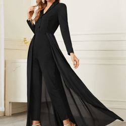 Lapel Collar Long Sleeve Button Front Shirt Jumpsuit With Mesh Skirt 3 Colors