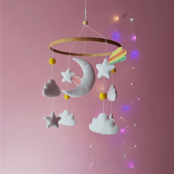 Moon mobile. Nursery with moon,stars and comets. Moon nursery decor. White decoration room kids. Moon baby shower gift.