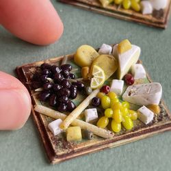 Doll miniature set with cheese and grapes on a tray for playing with dolls, dollhouse, scale 1:12