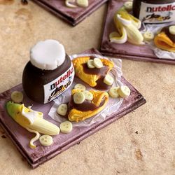 iature set of pancakes with chocolate paste on a tray for playing with dolls, dollhouse, scale 1:12