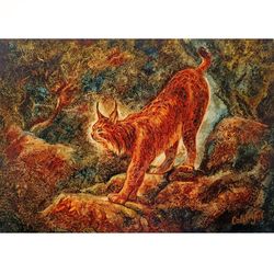 Lynx Painting Animal Original Art Woodland Painting On Canvas Forest Art Bobcat Realism Painting 20"x 28" By Colibri Art