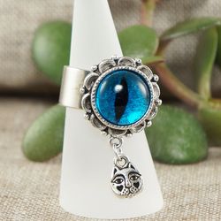 Blue Glass Cat Eye Adjustable Ring Silver Cat Kitten Charm Ring Evil Eye Protection Ring Jewelry Cat Lover Gift 6563