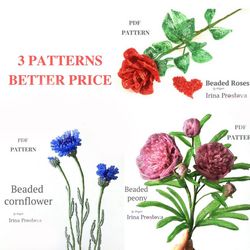 beaded peony, cornflower, rose | beaded flowers pattern  | seed bead patterns | beadwork pattern
