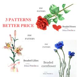 beaded rose, lily, cornflower | beaded flowers pattern  | seed bead patterns | beadwork pattern