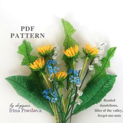 beaded lilies of the valley, dandelion, forget-me-nots pattern | flower pattern | seed bead patterns | beadwork pattern