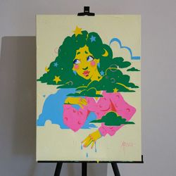 original cute portrait impasto acrylic painting, fantasy surreal girl woman wall art, romanticism female canvas painting