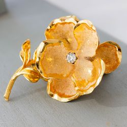 Vintage gold rose branch pin Austrian crystal brooch Vintage jewelry