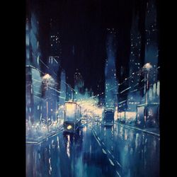 Cyberpunk Painting "TRON STREETS" Original Oil Painting on Canvas, Modern City Original Art by "Walperion Paintings"