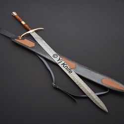 custom hand forged, damascus steel functional sword 36 inches, sage sword, swords battle ready, with sheath
