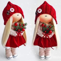 handmade doll. gift doll. interior doll. textile doll. 28 cm doll handmade. tilda doll. interior decor. red and beige.