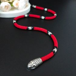 Red snake necklace beaded, gift for the 21st anniversary, seed bead jewellery neck choker, birthday gift for daughter